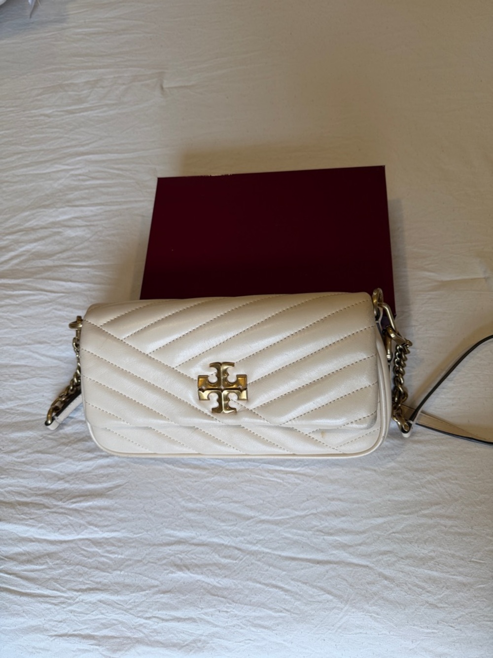 Tory Burch Cream Quilted Chevron Crossbody with Gold Logo